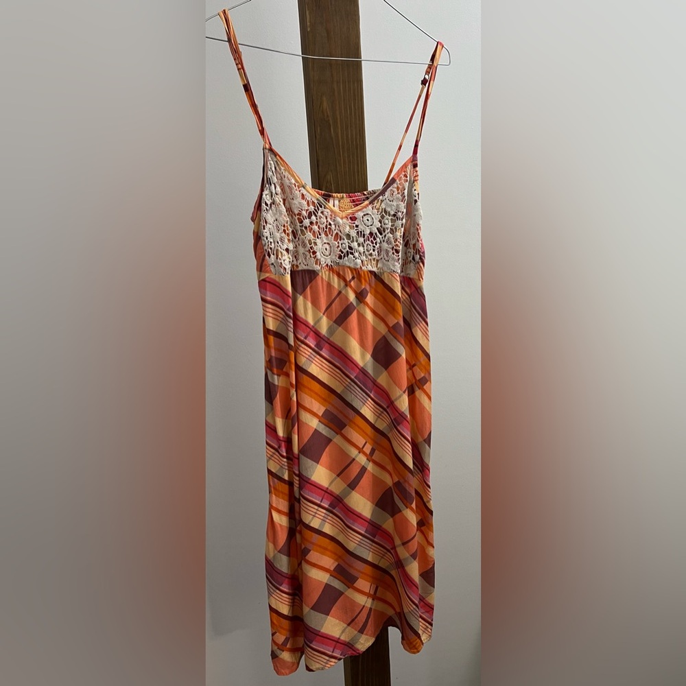 Orange and Pink Plaid Dress with Lace Detail‎